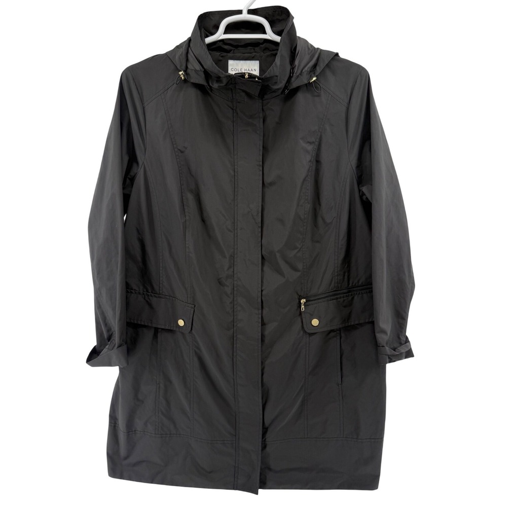 Cole Haan Signature Womens Black Hooded Rain Jacket Anorak Gold Hardware Size M